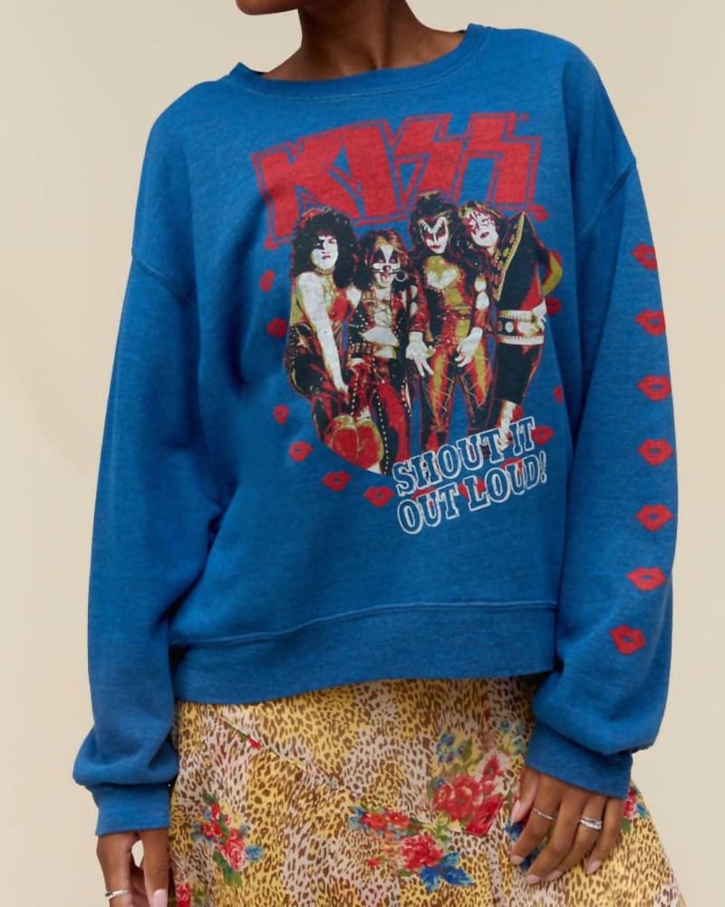 Front of a model wearing a size L Kiss Shout It Out Loud Oversized Crew Top in Blue Multi in Blue Multi by DAYDREAMER. | dia_product_style_image_id:364460